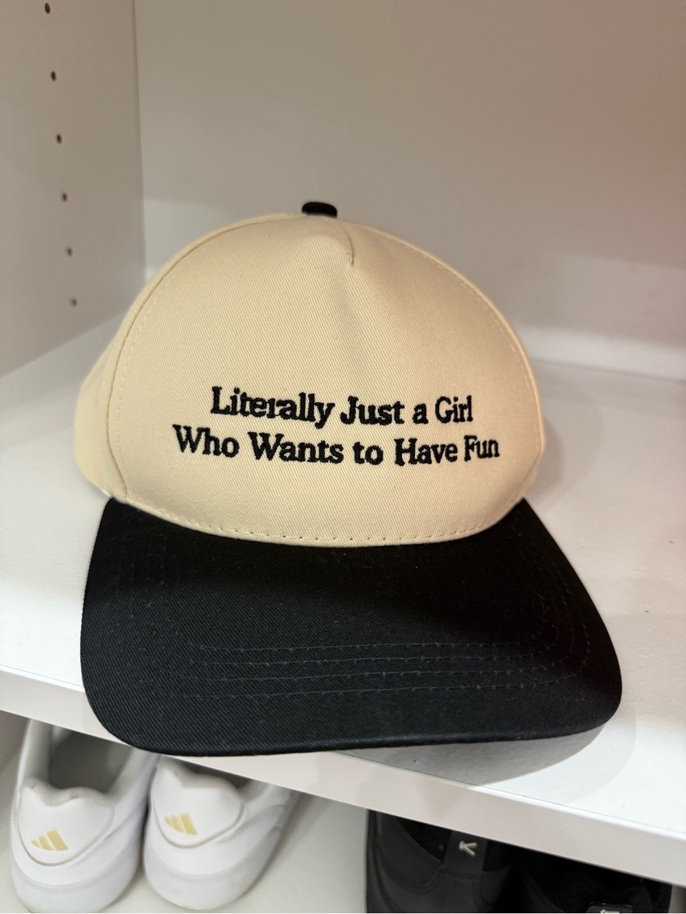 Cream and Black Embroidered Slogan Cap